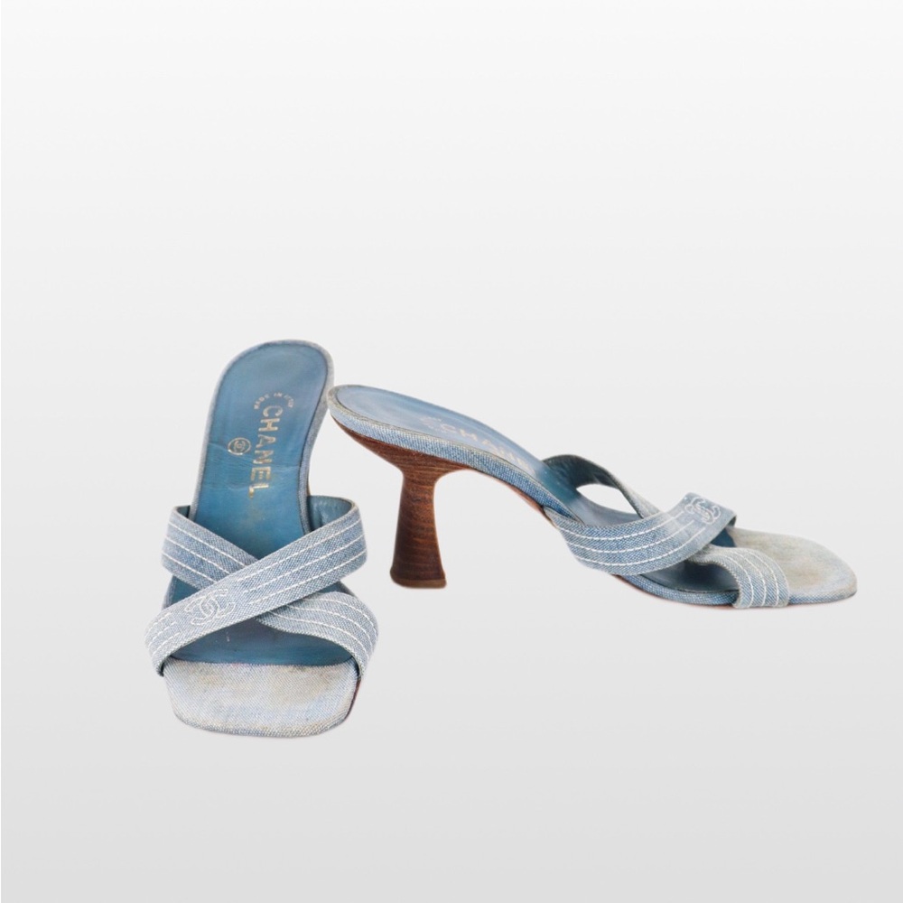 Vintage Chanel CC Denim Heeled Sandals